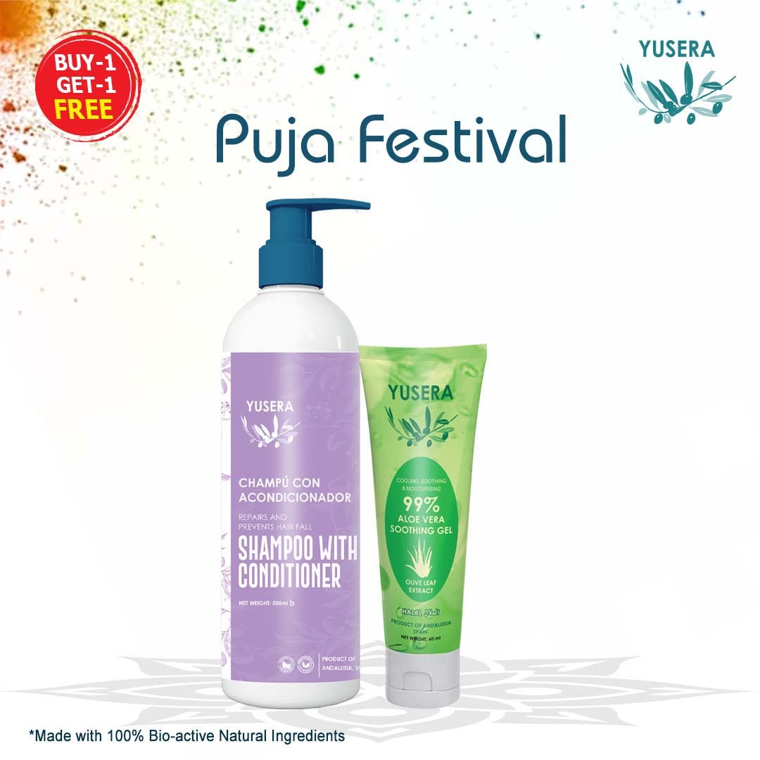 Yusera Hair & Skin Nourish Combo – Shampoo With Conditioner 500ml + 99% Aloe Vera Soothing Gel 60ml