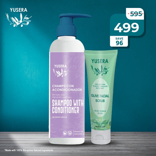 Yusera Hair & Skin Revival Combo – Shampoo with Conditioner 300ml + Olive Facial Scrub 60ml
