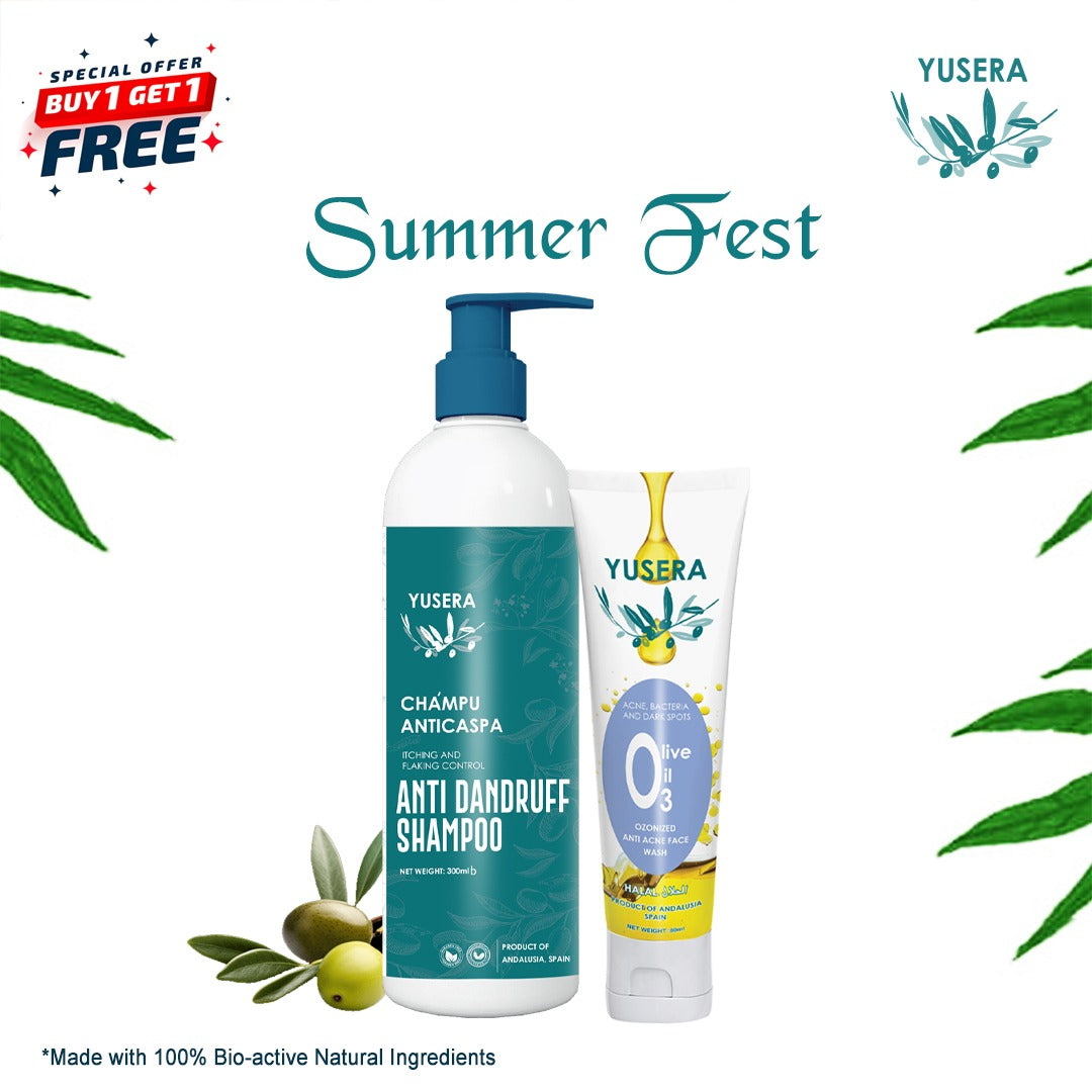 Yusera Clear Skin & Scalp Combo – Anti-Dandruff Shampoo 300ml + Ozonized Anti-Acne Face Wash 80ml