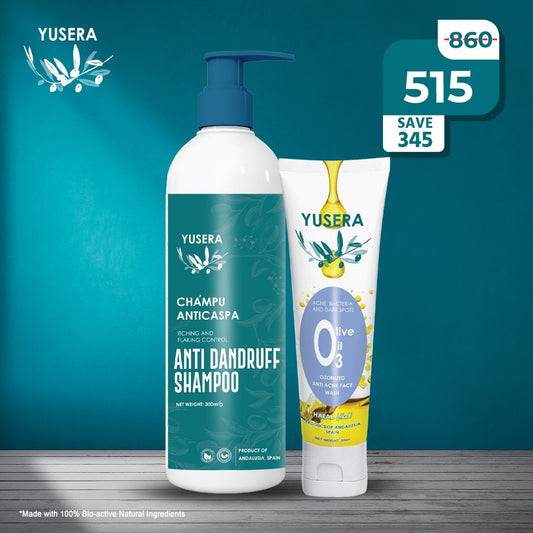 Yusera Clear Skin & Scalp Combo – Anti-Dandruff Shampoo 300ml + Ozonized Anti-Acne Face Wash 80ml