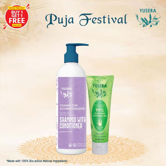 Yusera Hair & Skin Nourish Combo – Shampoo With Conditioner 500ml + 99% Aloe Vera Soothing Gel 60ml
