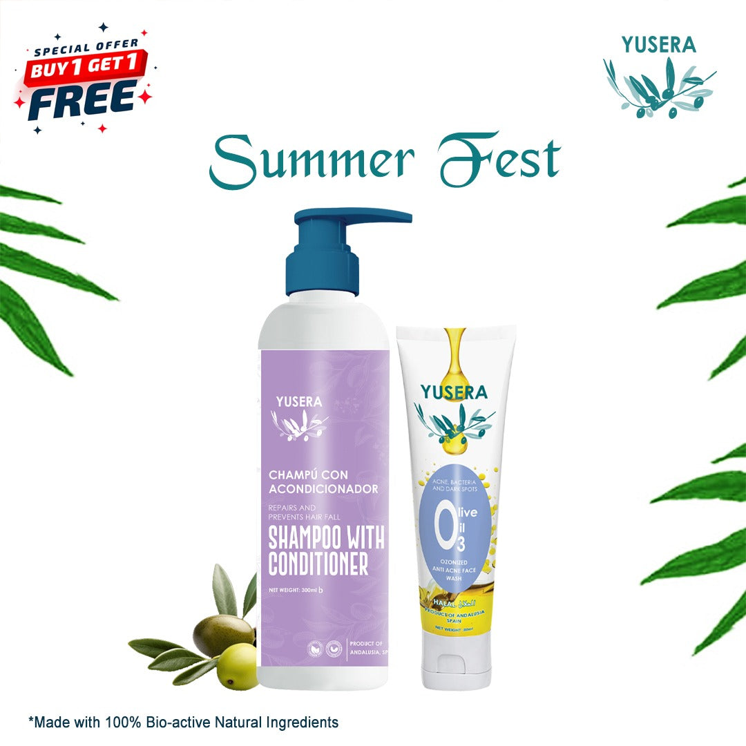 Yusera Skin & Scalp Care Combo – YUSERA Shampoo With Conditioner 300ml  + Ozonized Anti-Acne Face Wash 80ml