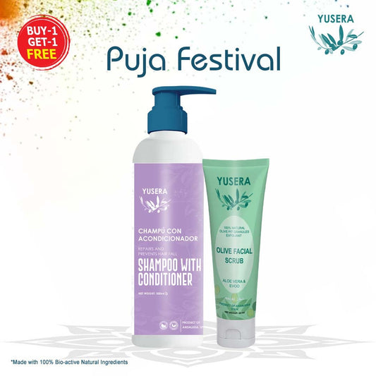 Yusera Hair & Skin Revival Combo – Shampoo with Conditioner 300ml + Olive Facial Scrub 60ml