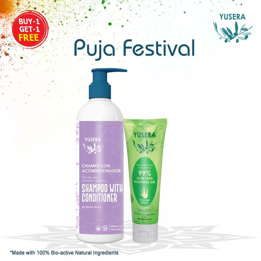 Yusera Hair & Skin Nourish Combo – Shampoo With Conditioner 500ml + 99% Aloe Vera Soothing Gel 60ml