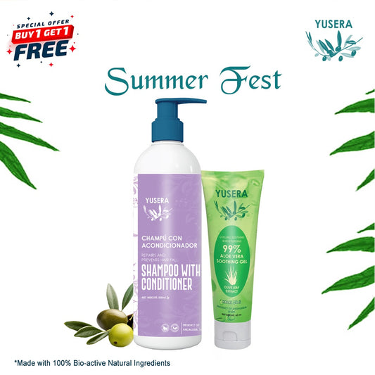 Yusera Hair & Skin Nourish Combo – Shampoo With Conditioner 500ml + 99% Aloe Vera Soothing Gel 60ml