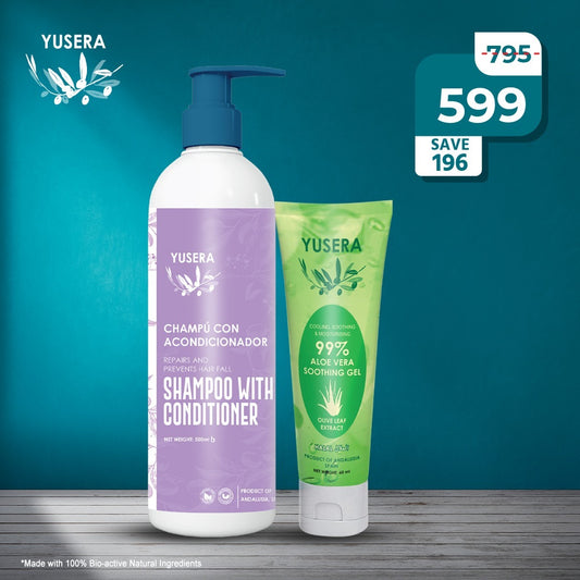 Yusera Hair & Skin Nourish Combo – Shampoo With Conditioner 500ml + 99% Aloe Vera Soothing Gel 60ml