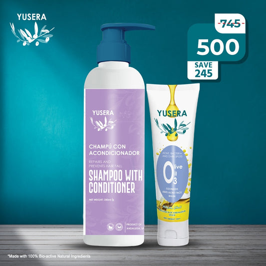 Yusera Skin & Scalp Care Combo – YUSERA Shampoo With Conditioner 300ml  + Ozonized Anti-Acne Face Wash 80ml